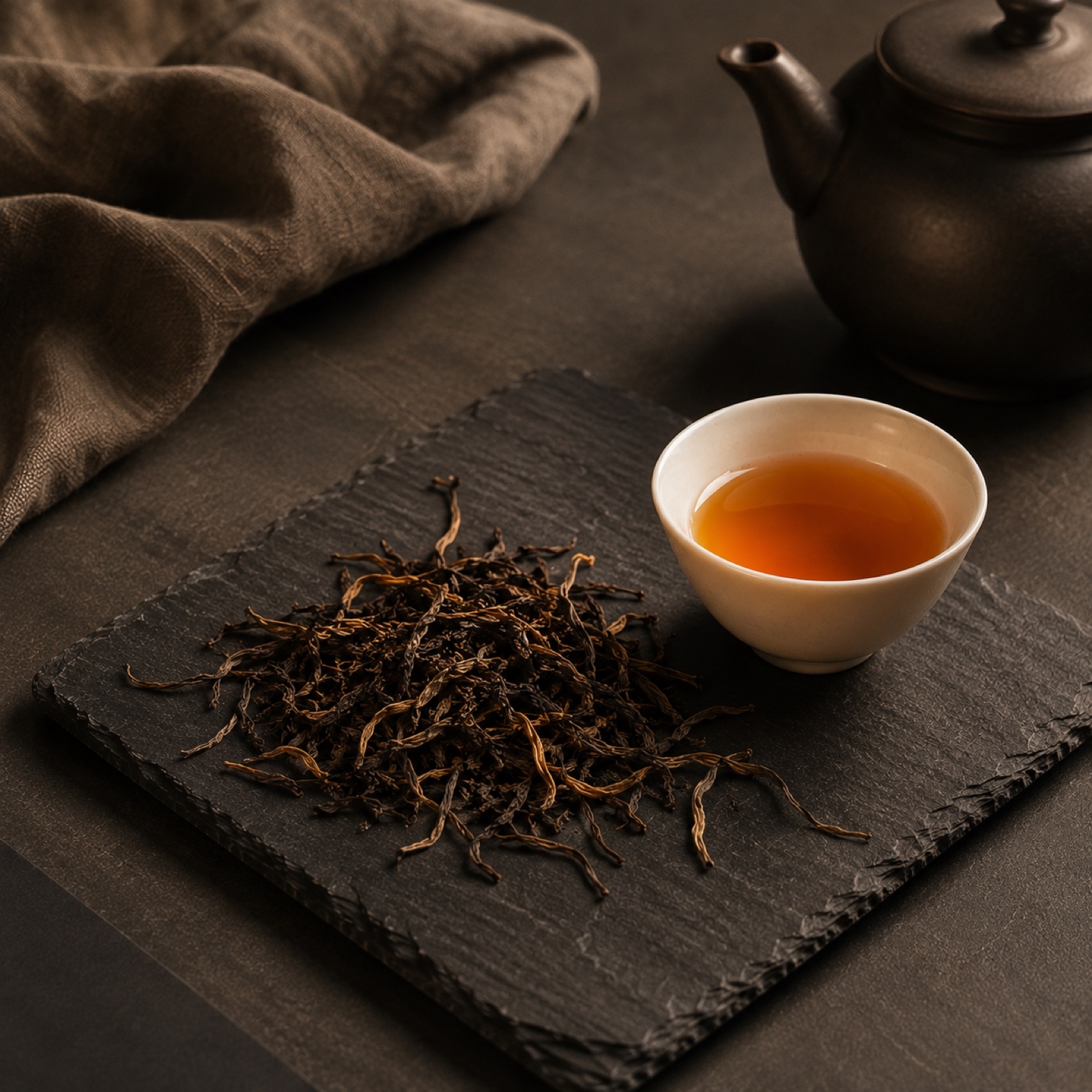 A cup of amber Dianhong beside loose leaves and a clay teapot on dark slate