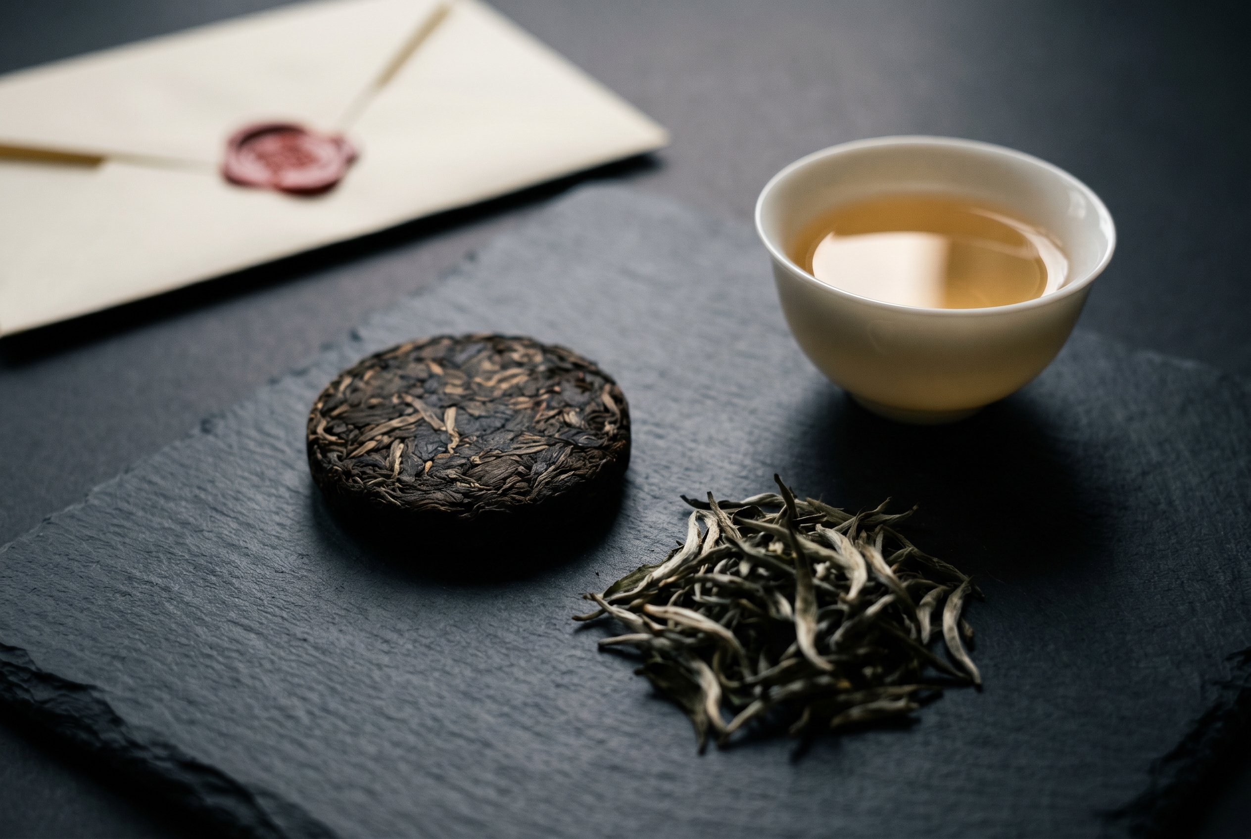The Collector, pressed cake, dark surface, single cup of warm amber liquor