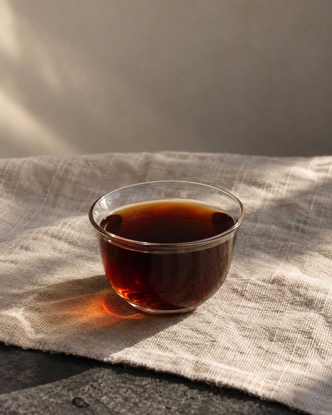 A glass cup of dark red-brown Shou Pu'er on a linen cloth
