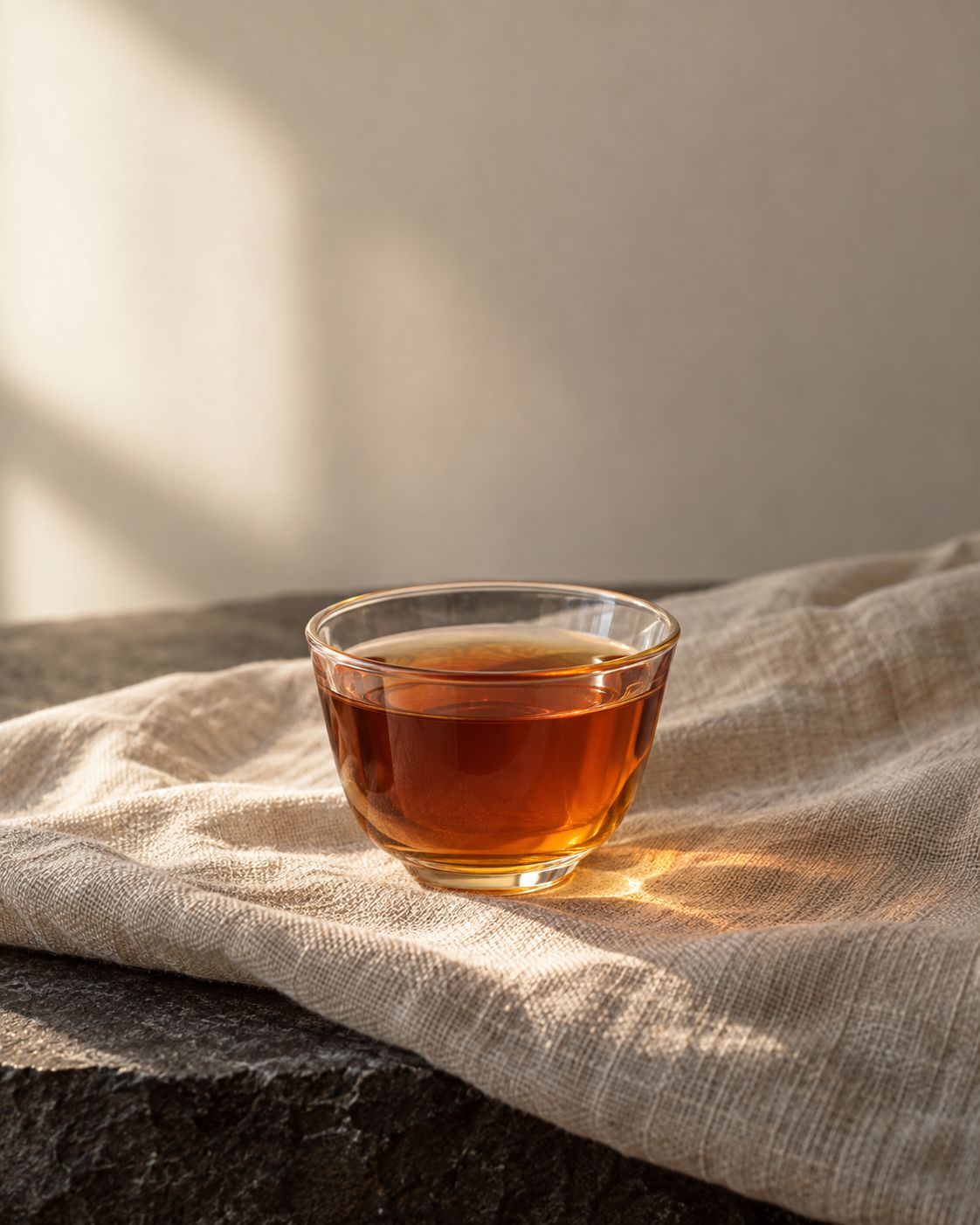 A glass cup of amber Dianhong on a linen cloth