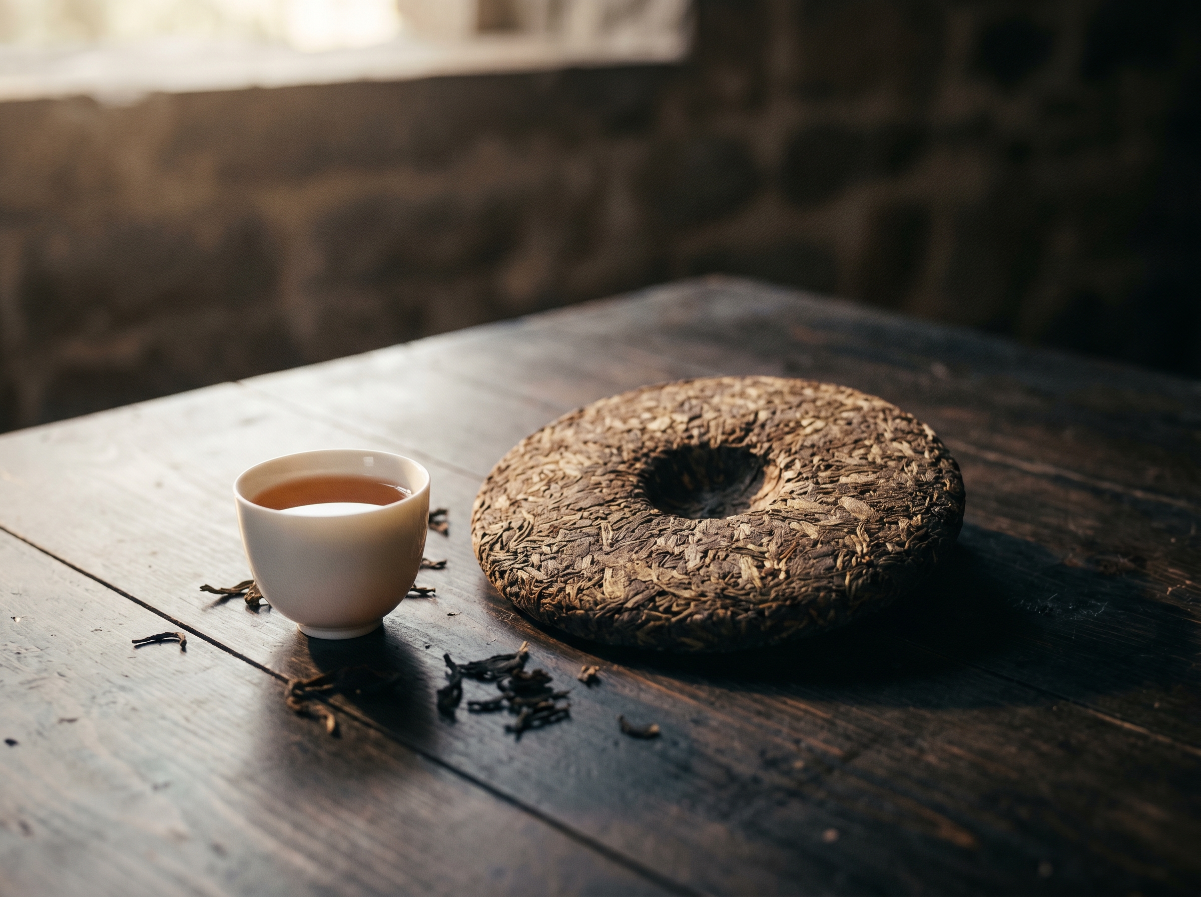 Pressed tea cake and a single cup of warm amber liquor on a dark table