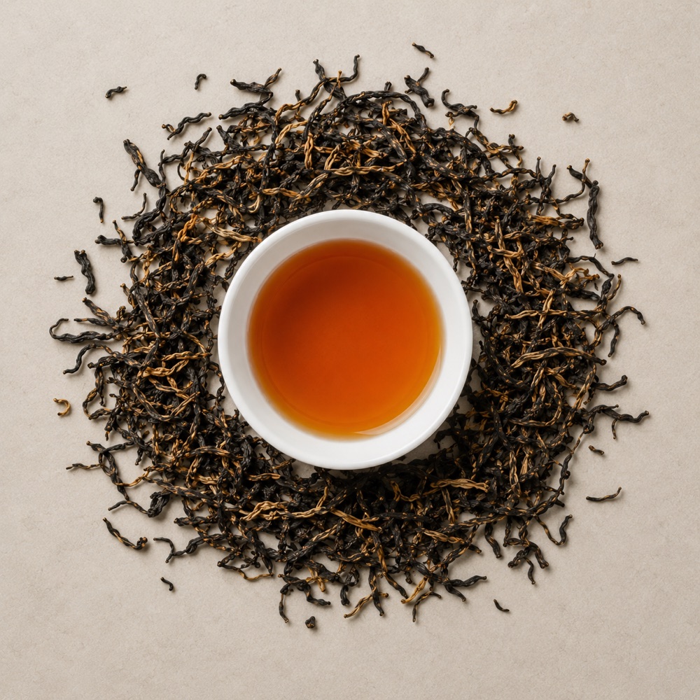 Dianhong: amber liquor in a white cup, ringed by black-and-gold twisted leaves.