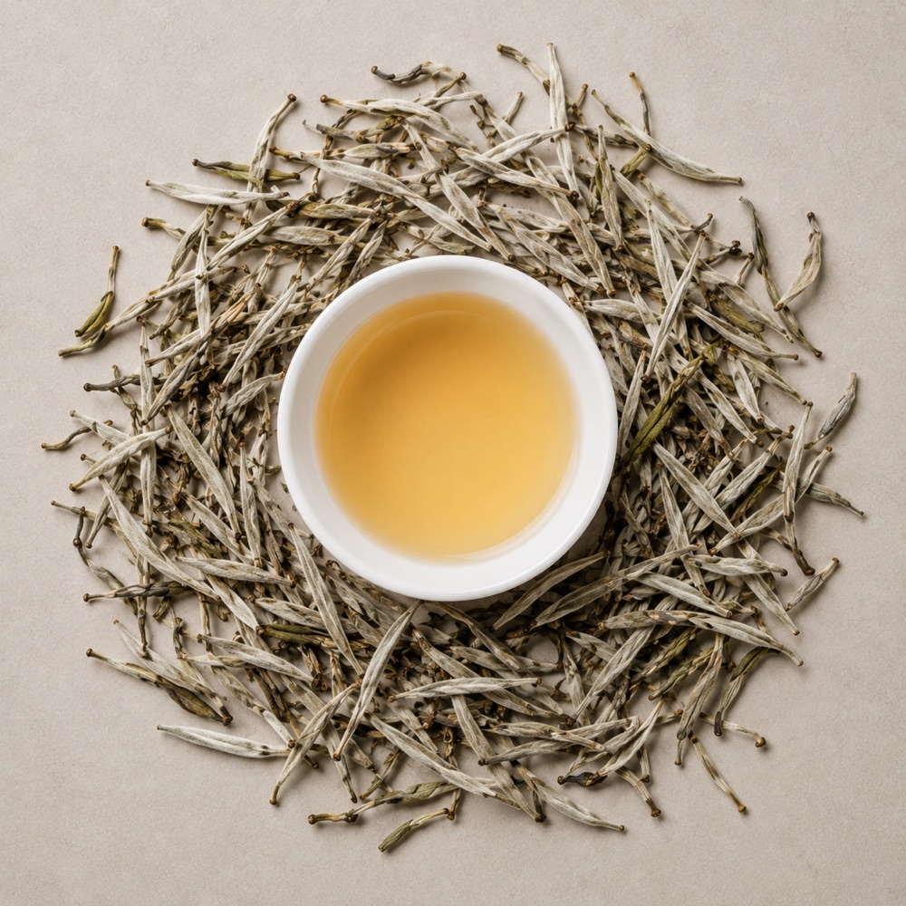 Moonlight White: pale gold liquor in a white cup, ringed by silvery downy buds.