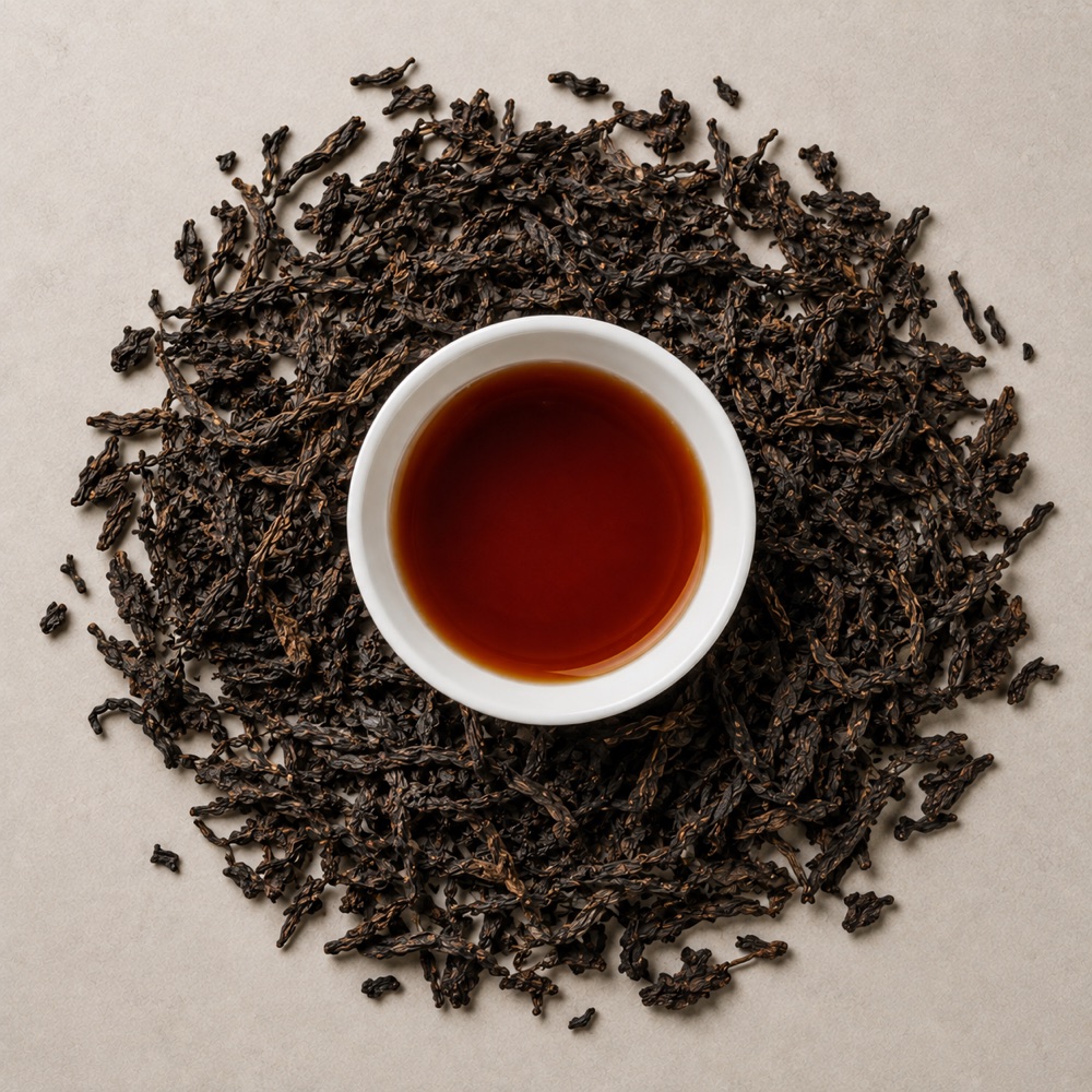 Shou Pu'er: deep red-brown liquor in a white cup, ringed by dark fermented leaves.